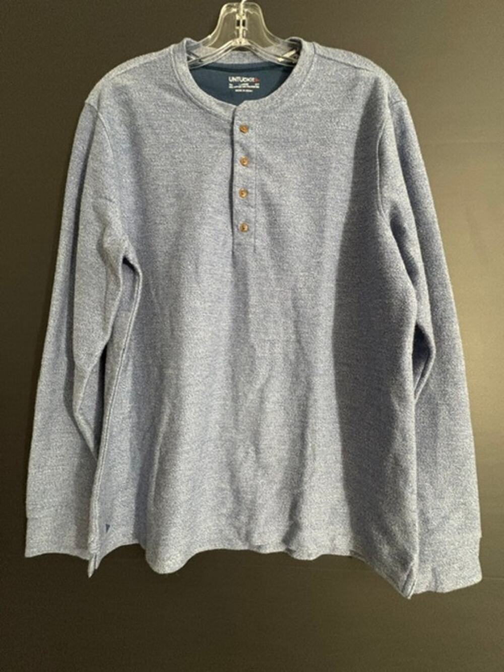 UNTUCKit Urey Men L Henley Shirt Long Sleeve Blue Heathered Cotton Blend 40983